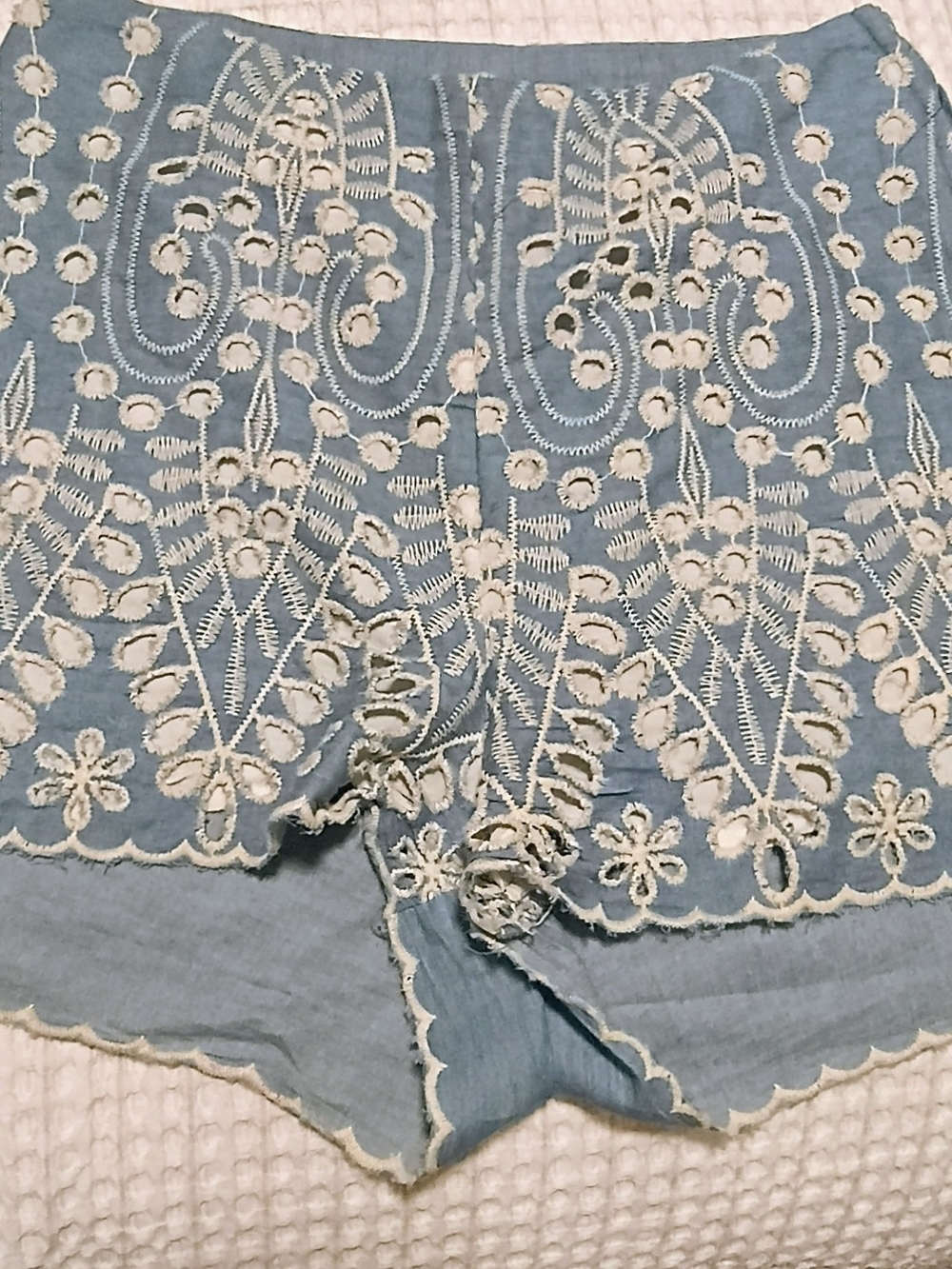 Light Blue Eyelet Embroidered Shorts with Cream Detailing